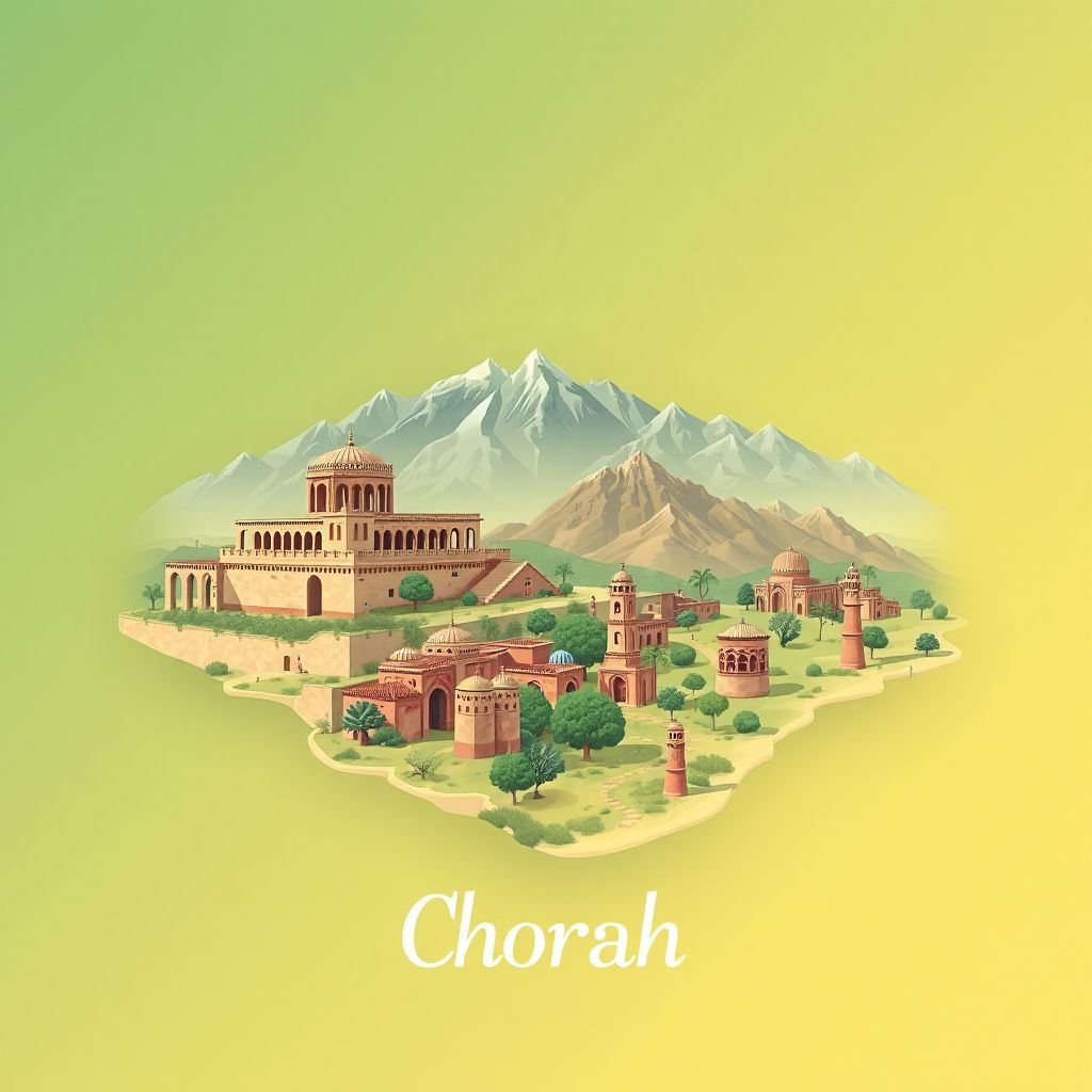 Ultra-high-definition gradient illustration style Chorah illustration, showing the unique charm of the ancient ruins of Zrang, the beautiful landscapes of the surrounding mountains.