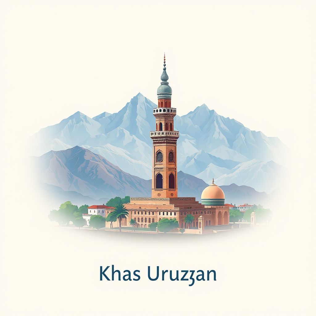 Ultra-high-definition gradient illustration style Khas Uruzgan illustration, showing the unique charm of the Minaret of Jam and the surrounding mountains.