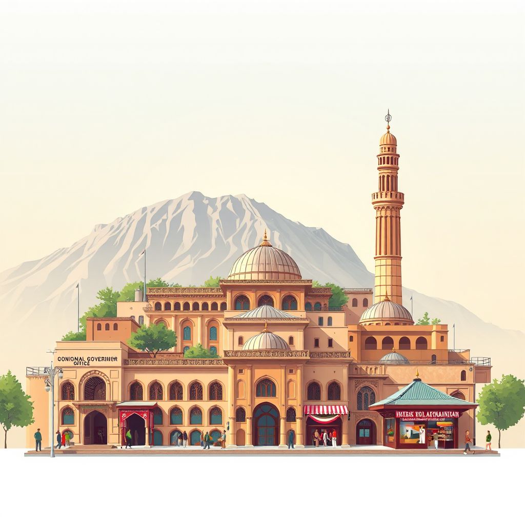 Ultra-high-definition gradient illustration style Tarin Kot illustration, showing the unique charm of the Oruzgan Provincial Governor's Office, the Tarin Kot Bazaar, and the historic Minaret of Jam.