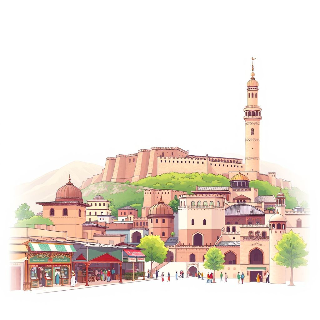 Ultra-high-definition gradient illustration style Charikar illustration, showing the unique charm of the Charikar Bazaar, the Minaret of Jam, and the Parwan Citadel.