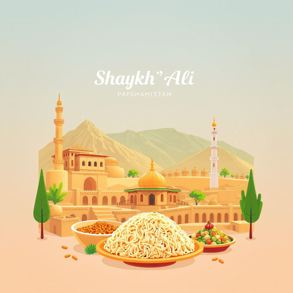 Ultra-high-definition gradient illustration style Shaykh 'Ali illustration, showing the unique charm of the ancient ruins of Bagram and Kabuli Pulao.