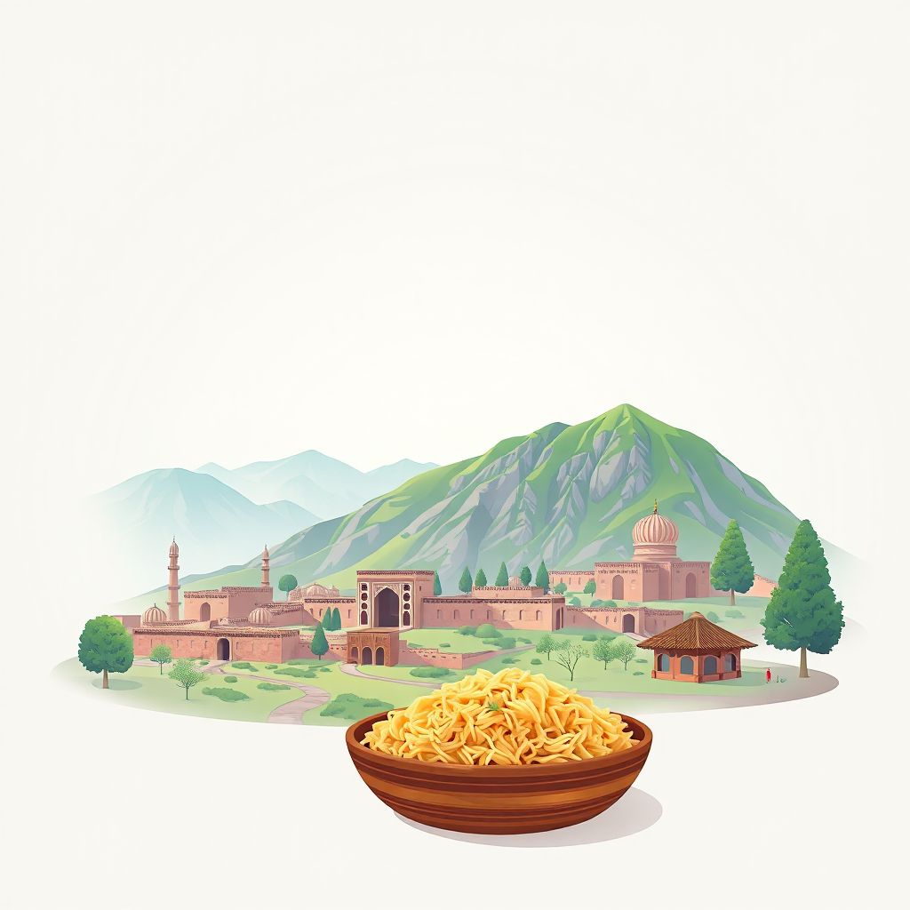 Ultra-high-definition gradient illustration style image of Siyahgird Ghorband, Parwan, Afghanistan, featuring ancient ruins, green landscapes, and traditional Afghan cuisine.