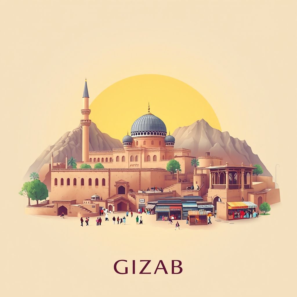 Ultra-high-definition gradient illustration style Gizab illustration, showing the unique charm of the Gizab Mosque, the ancient ruins of Gizab, and the local bazaar.