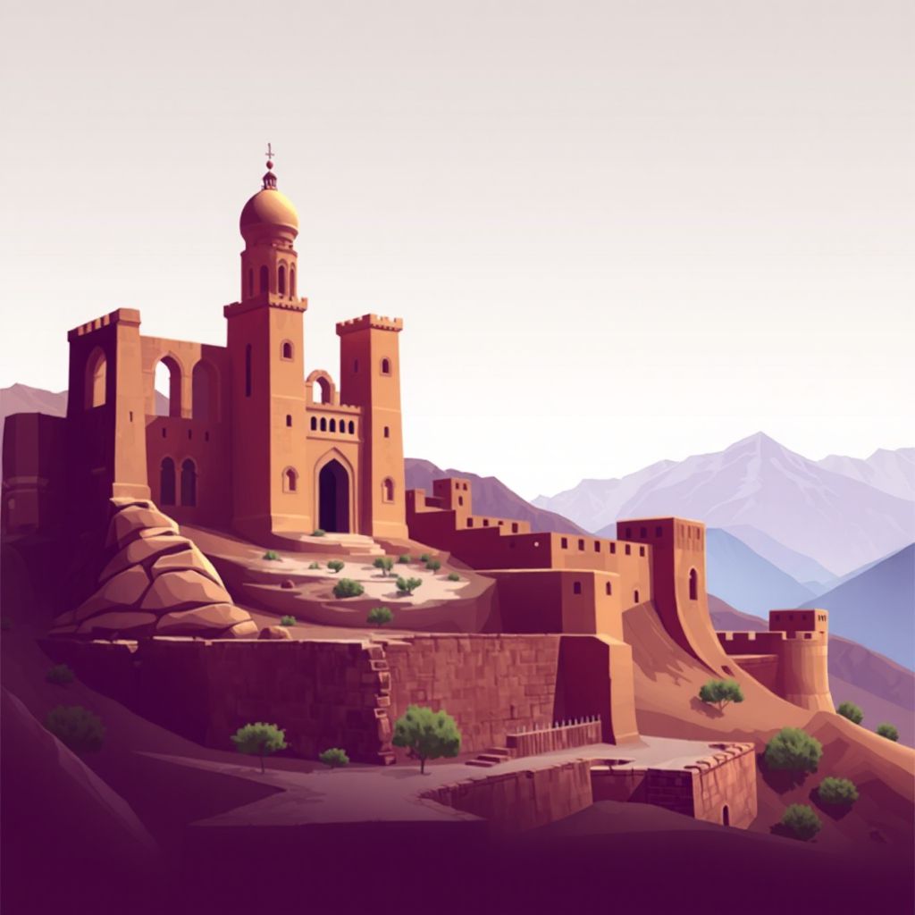 Ultra-high-definition gradient illustration style Ishtarlay illustration, showing the unique charm of the ancient ruins of the Ishtarlay Fortress and the surrounding mountains.