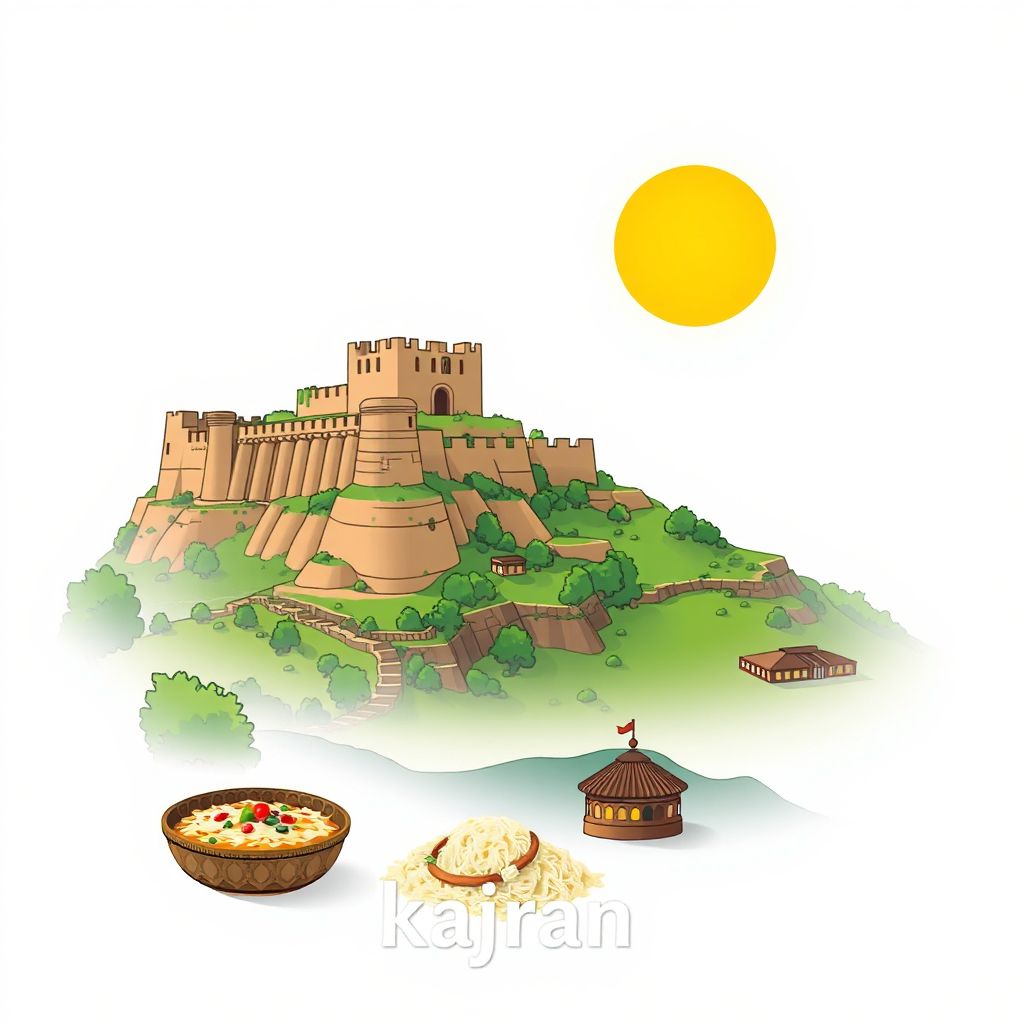 Ultra-high-definition gradient illustration style Kajran illustration, showing the unique charm of the ancient ruins of the Kajran Fortress and lush green landscapes.