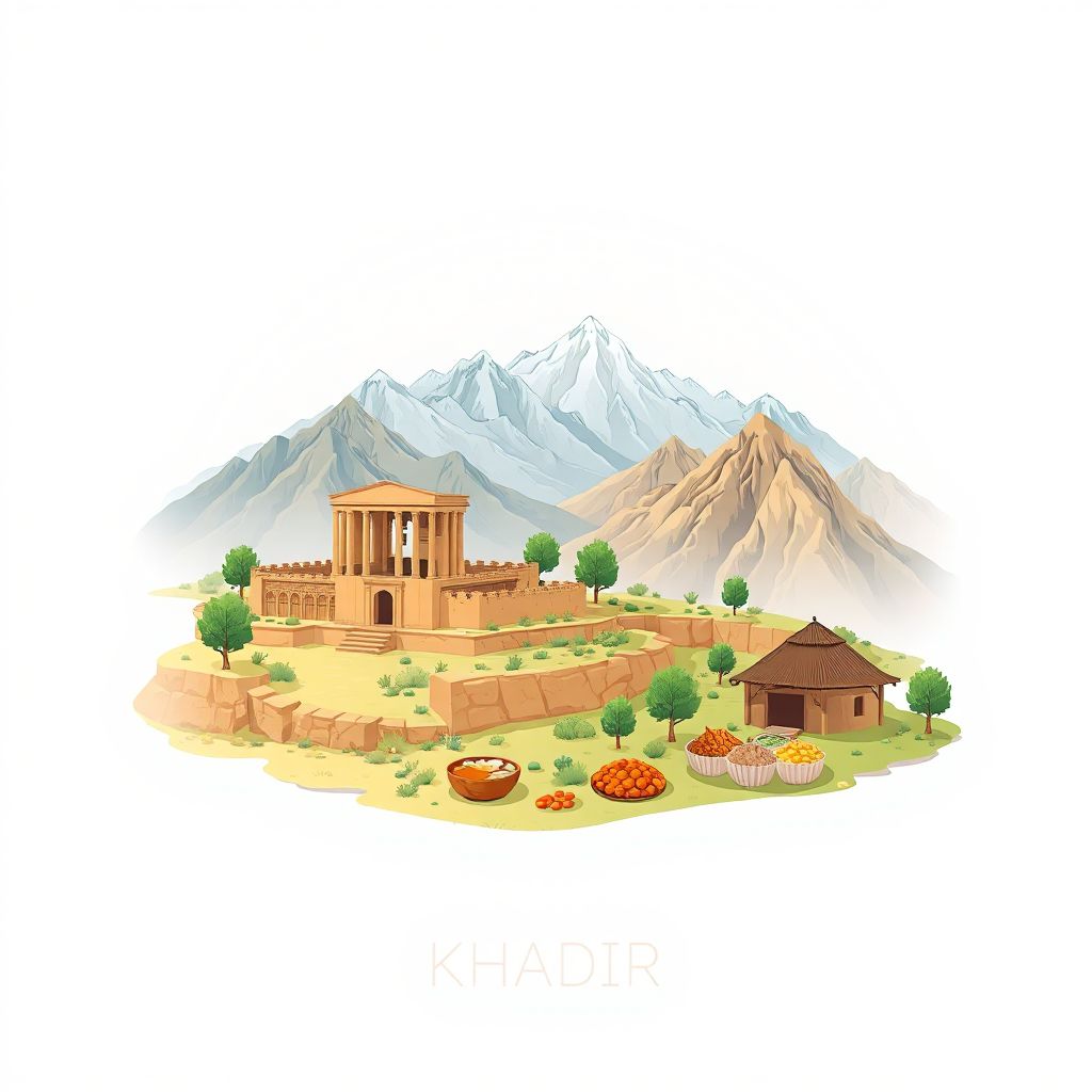 Ultra-high-definition gradient illustration style Khadir illustration, showing the unique charm of the ancient ruins of Khadir, the beautiful landscapes of the surrounding mountains.
