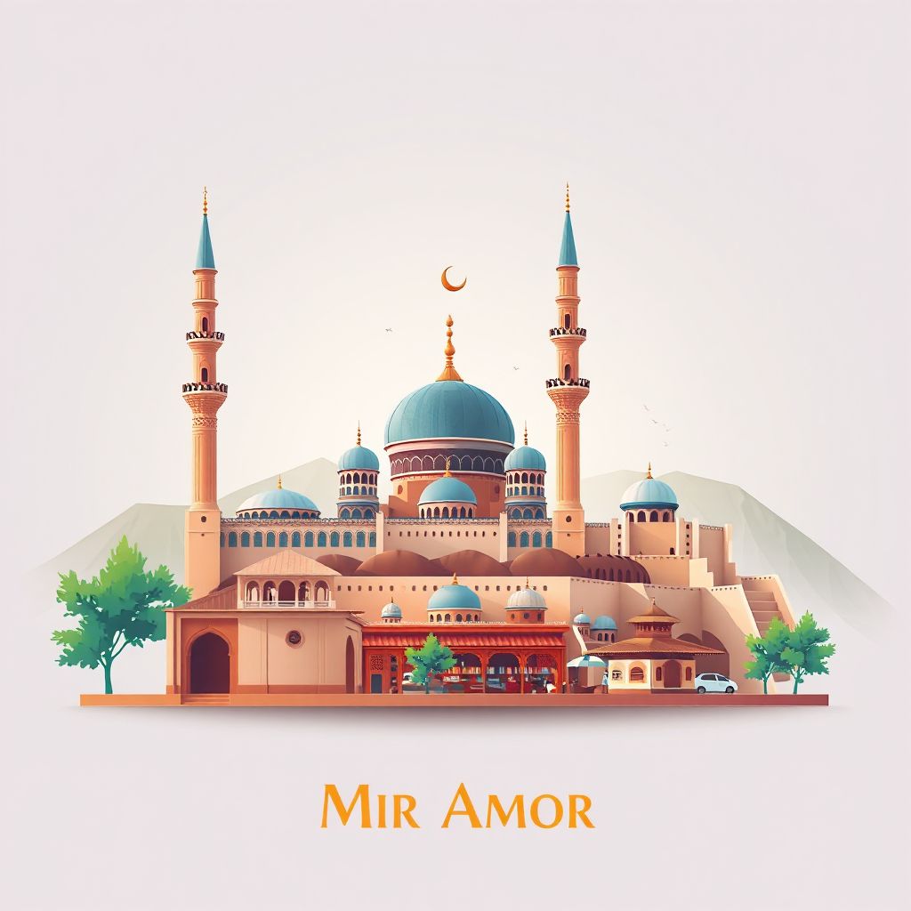 Ultra-high-definition gradient illustration style Mir Amor illustration, showing the unique charm of the Mir Amor Mosque, the Mir Amor Bazaar, and the Mir Amor Fort.
