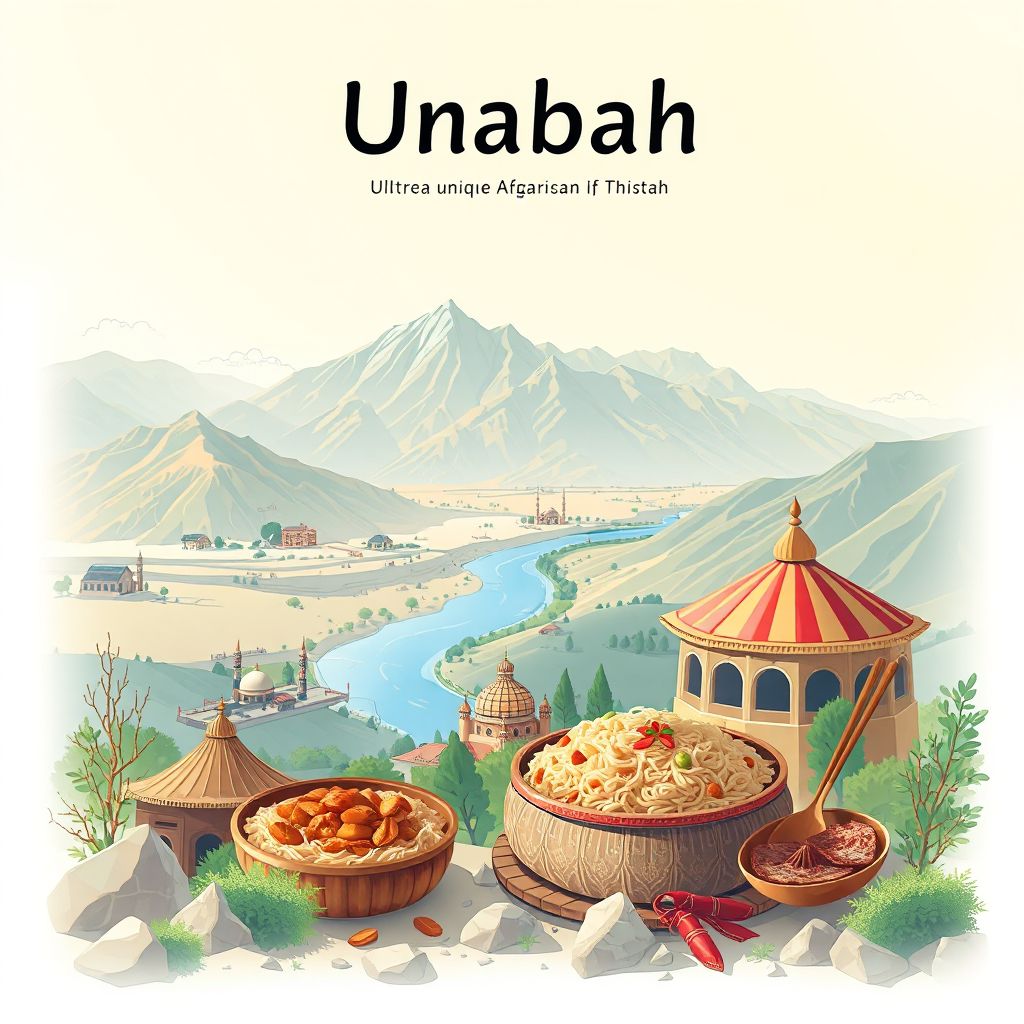 Ultra-high-definition gradient illustration style Unabah illustration, showing the unique charm of the Panjshir Valley, the Anaba River, and Kabuli Pulao.