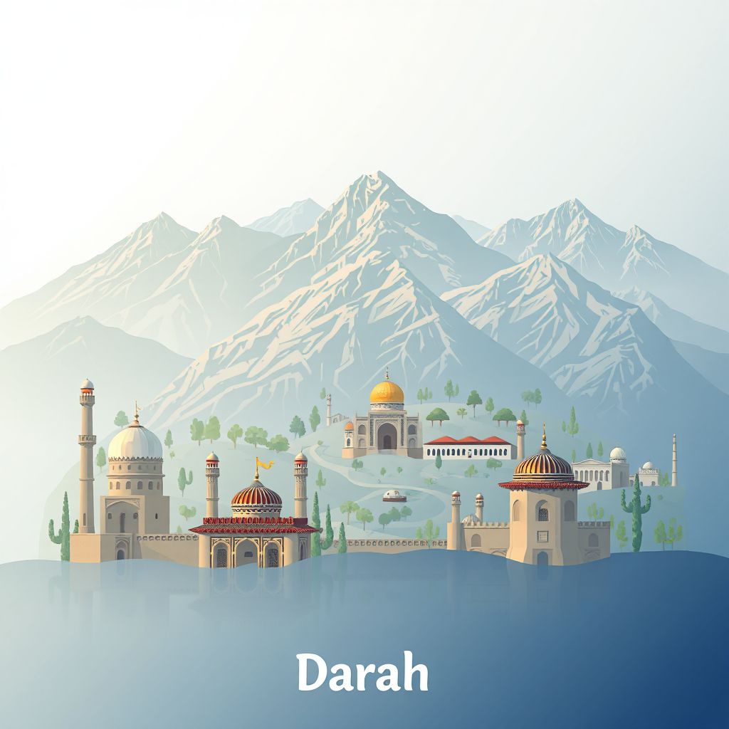 Ultra-high-definition gradient illustration style Darah illustration, showing the unique charm of the Panjshir Valley, the Anjuman-e Panjshir Museum, and traditional Afghan cuisine.