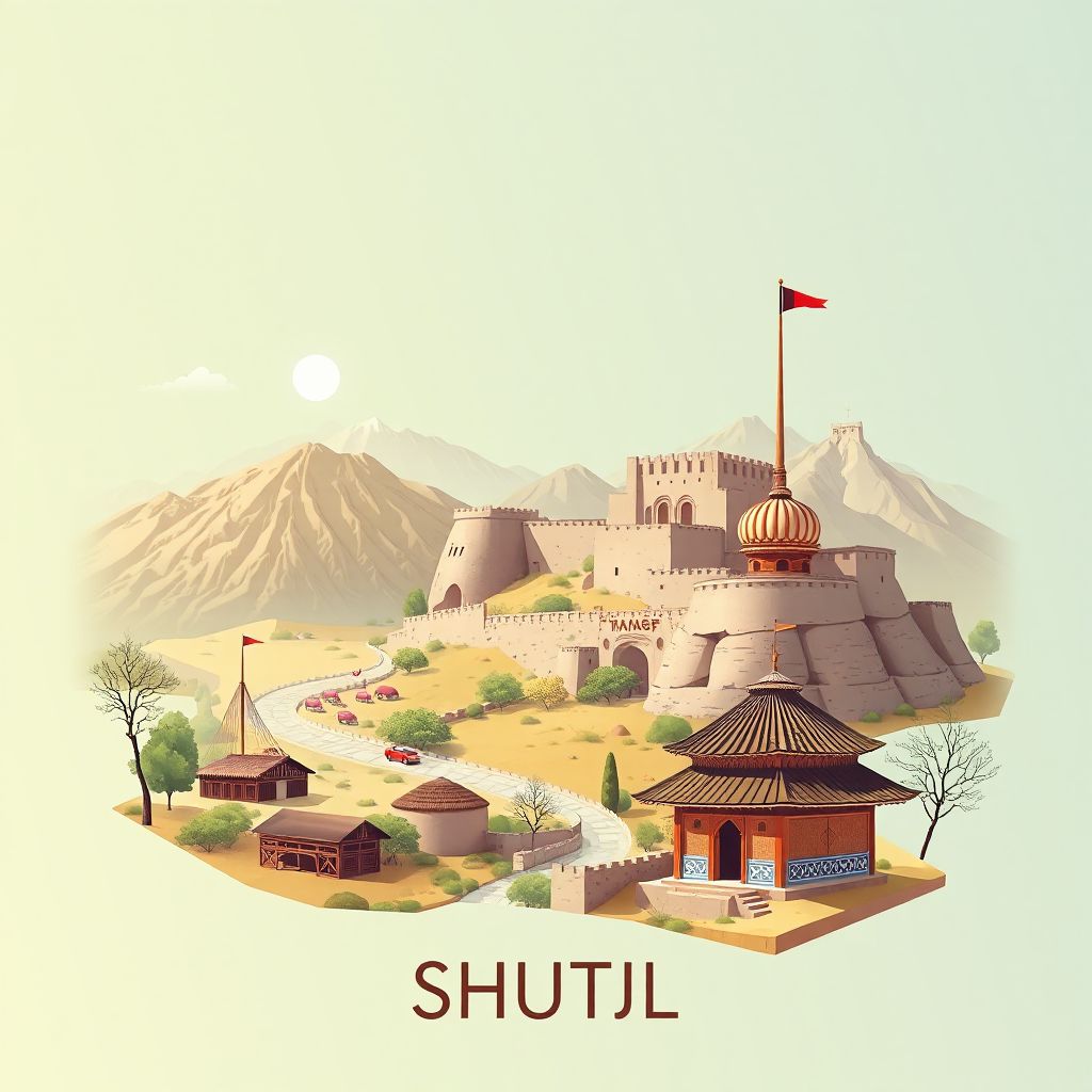 Ultra-high-definition gradient illustration style Shutul illustration, showing the unique charm of the Panjshir Valley, the Anaba Fortress, and Kabuli Pulao.