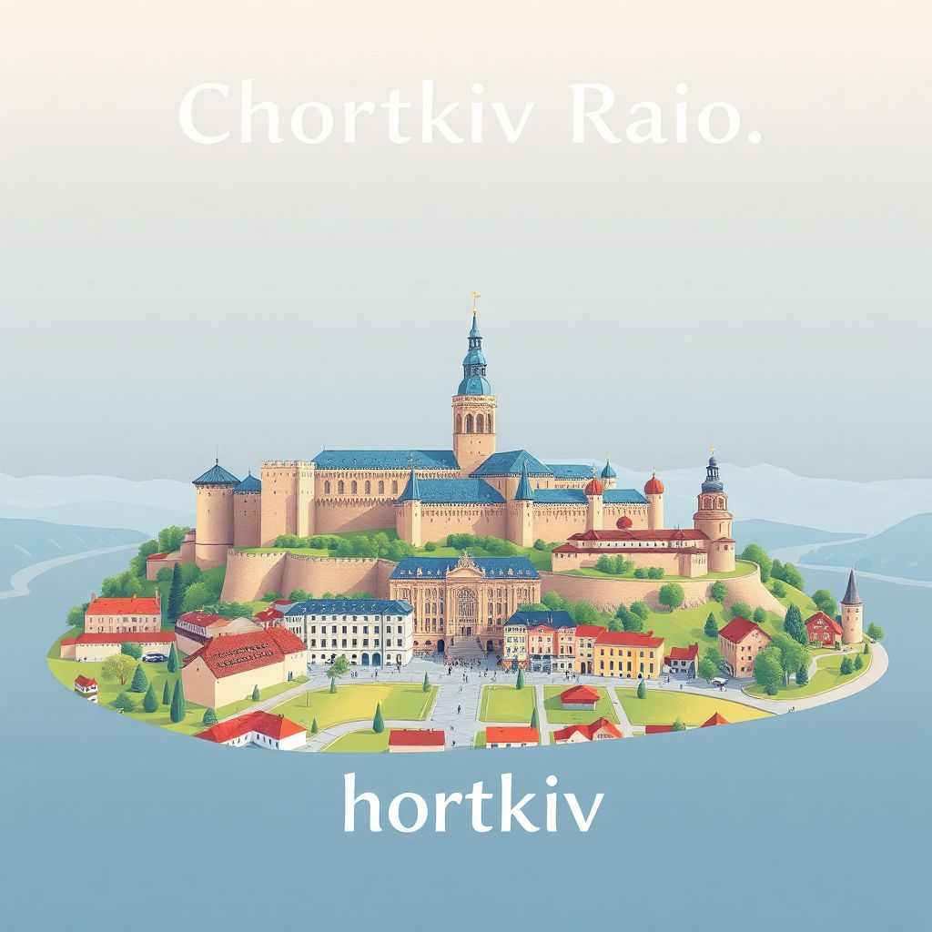 Ultra-high-definition gradient illustration style Chortkiv Raion illustration, showing the unique charm of the Chortkiv Castle and historic town square.