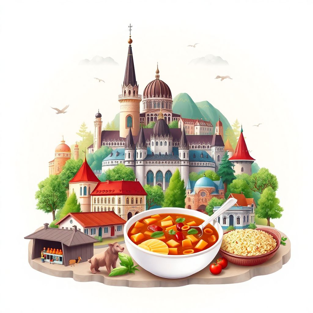 Ultra-high-definition gradient illustration of Szabolcs-Szatmar-Bereg, Hungary, featuring the Nyíregyháza Zoo, Hortobágy National Park, and traditional goulash.