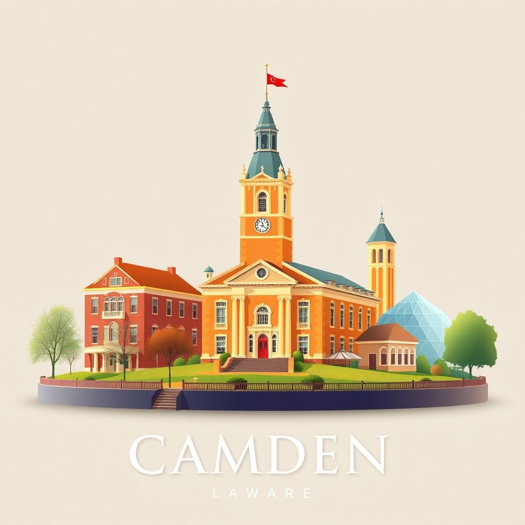 Ultra-high-definition gradient illustration of Camden, featuring the historic Camden Town Hall, Brecknock County Park, and Delaware's famous scrapple.