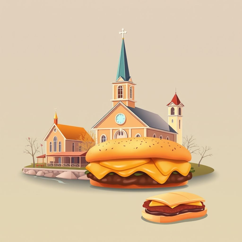 Ultra-high-definition gradient illustration of Nebo, Kentucky, featuring the historic Nebo Church, Tradewater River, and hot brown sandwich.