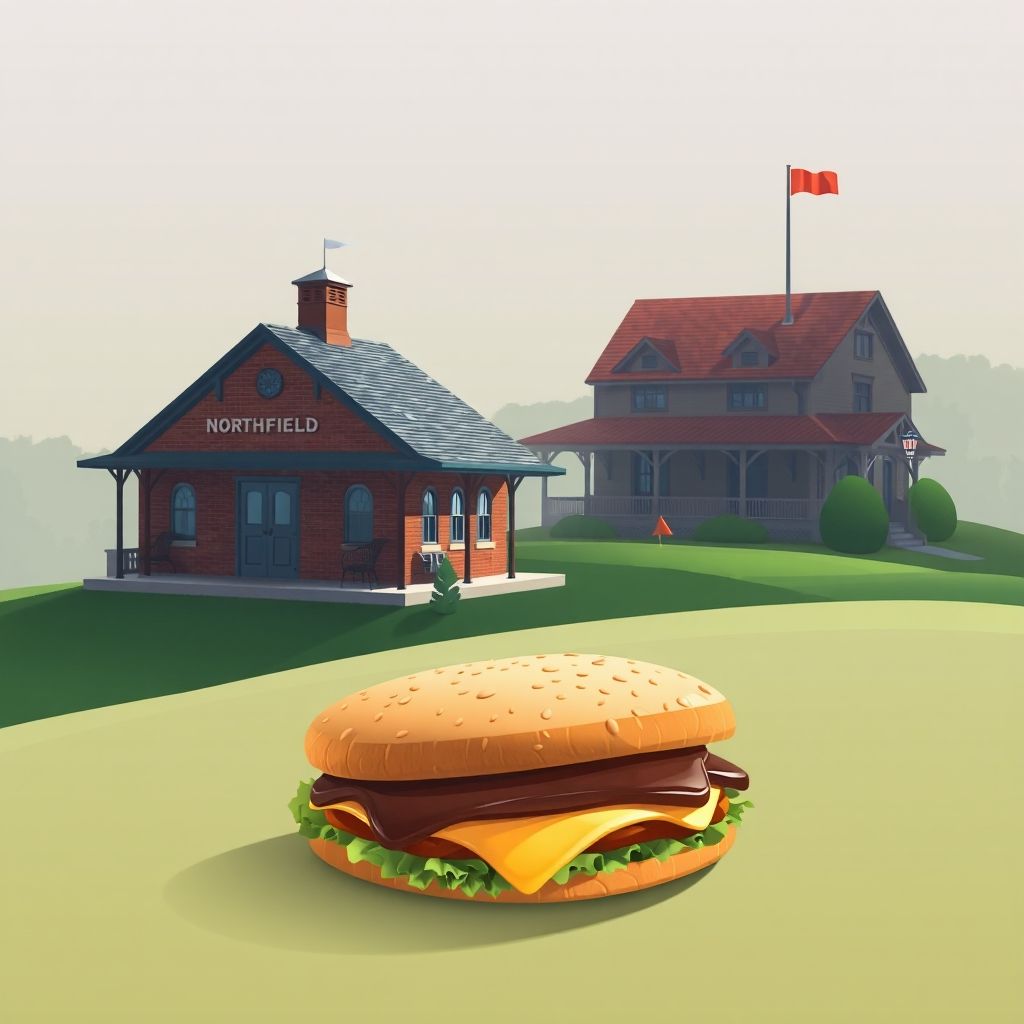Ultra-high-definition gradient illustration of Northfield, Kentucky, featuring the historic Northfield Depot, Northfield Golf Course, and hot brown sandwich.