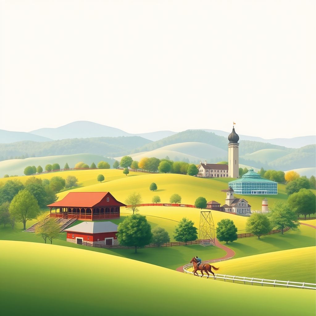 Ultra-high-definition gradient illustration of Rolling Hills, Kentucky, featuring Oxmoor Farm, rolling hills, bourbon culture, and Churchill Downs.