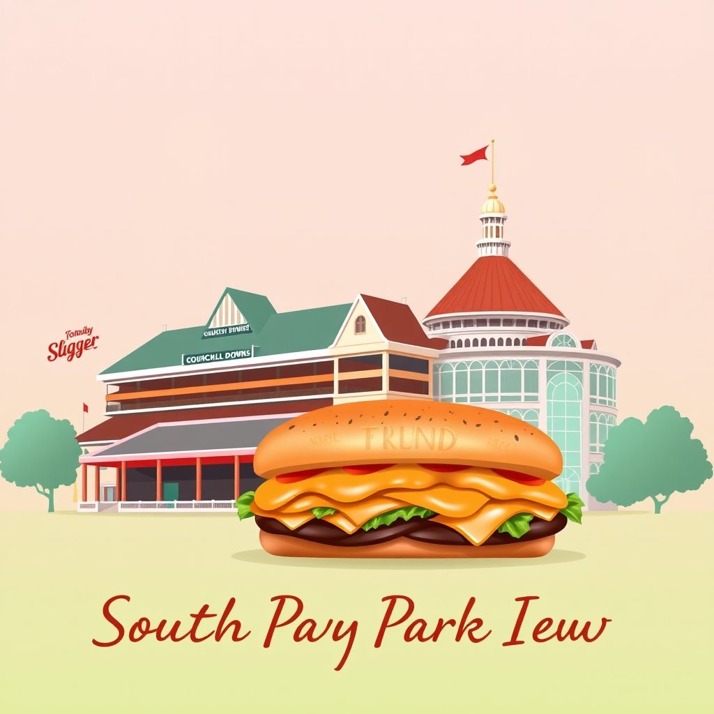 Gradient illustration of South Park View, Kentucky, featuring Churchill Downs, the Louisville Slugger Museum, and the hot brown sandwich.