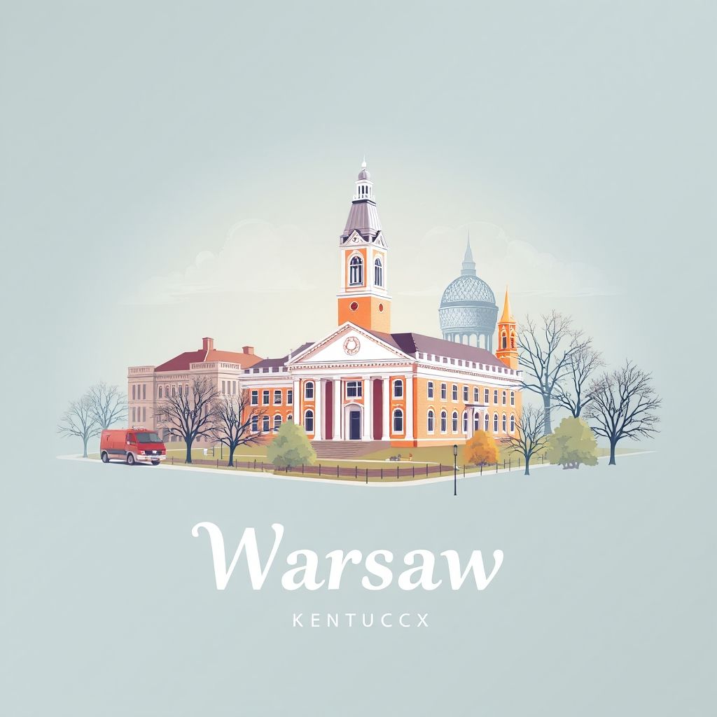 Ultra-high-definition gradient illustration of Warsaw, Kentucky, featuring the Gallatin County Courthouse, the Kentucky River, and Kentucky bourbon.
