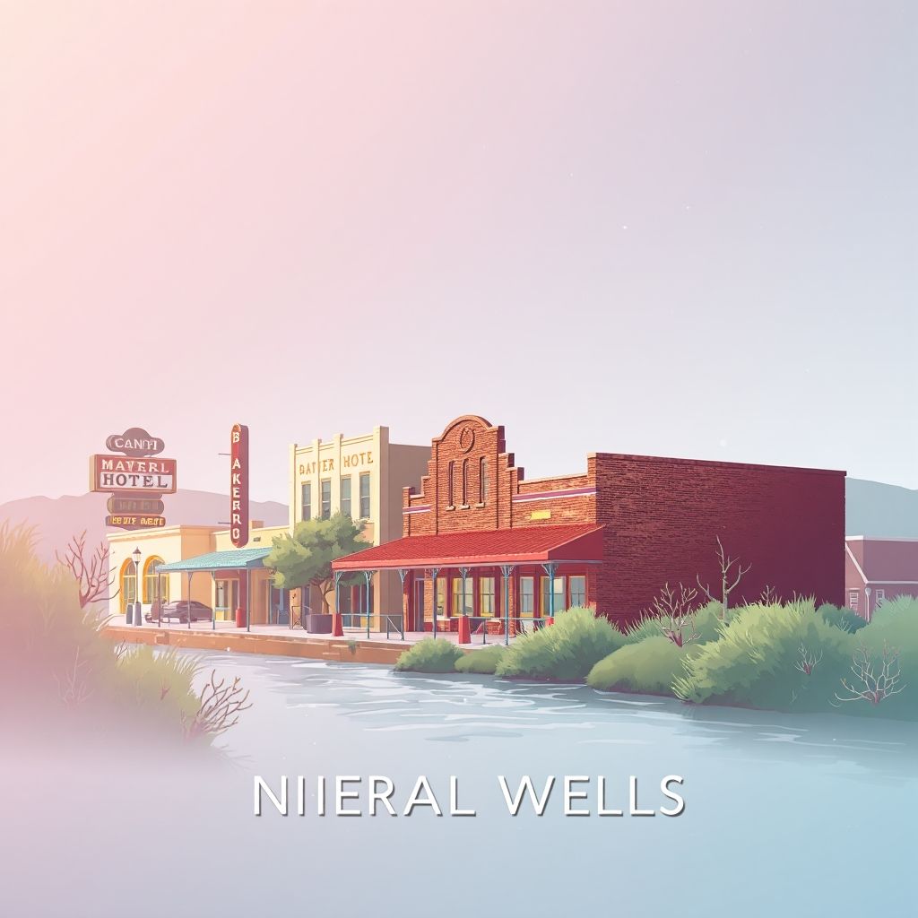 Ultra-high-definition gradient illustration of Mineral Wells, featuring the Baker Hotel, Brazos River, and fried catfish.