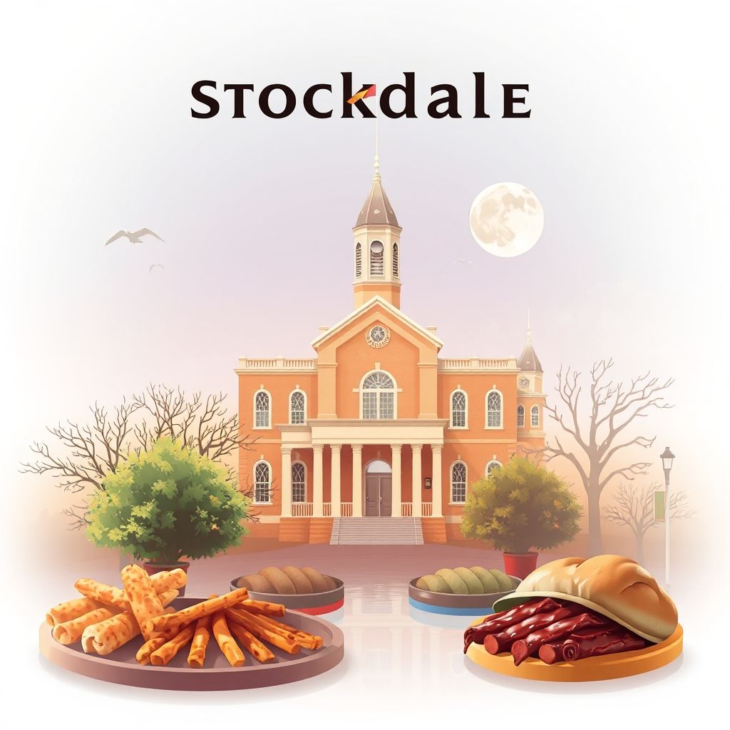 Ultra-high-definition gradient illustration of Stockdale, Texas, featuring Stockdale City Hall, Geronimo Creek, and Texas barbecue.
