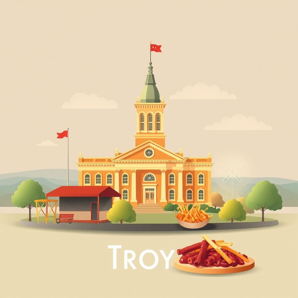 Ultra-high-definition gradient illustration of Troy, Texas, featuring the Bell County Courthouse, scenic countryside, and Texas barbecue.
