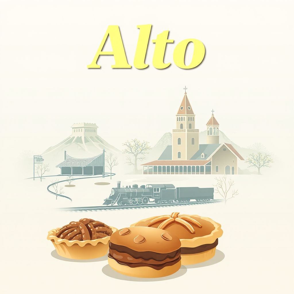 Gradient illustration of Alto, Texas, featuring the Caddo Mounds State Historic Site, Texas State Railroad, Texan barbecue, and pecan pie.