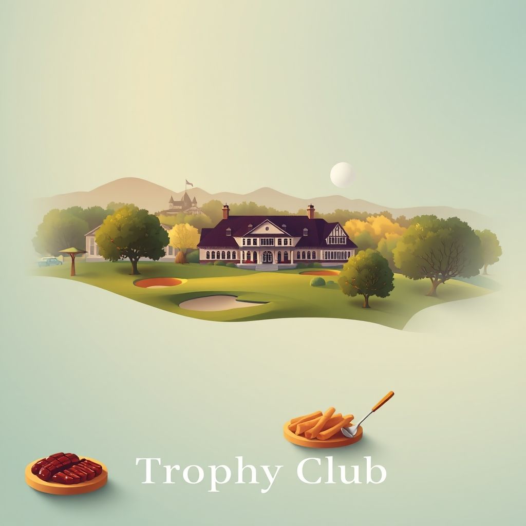 Ultra-high-definition gradient illustration of Trophy Club, featuring the Trophy Club Country Club, golf courses, and Texan barbecue.