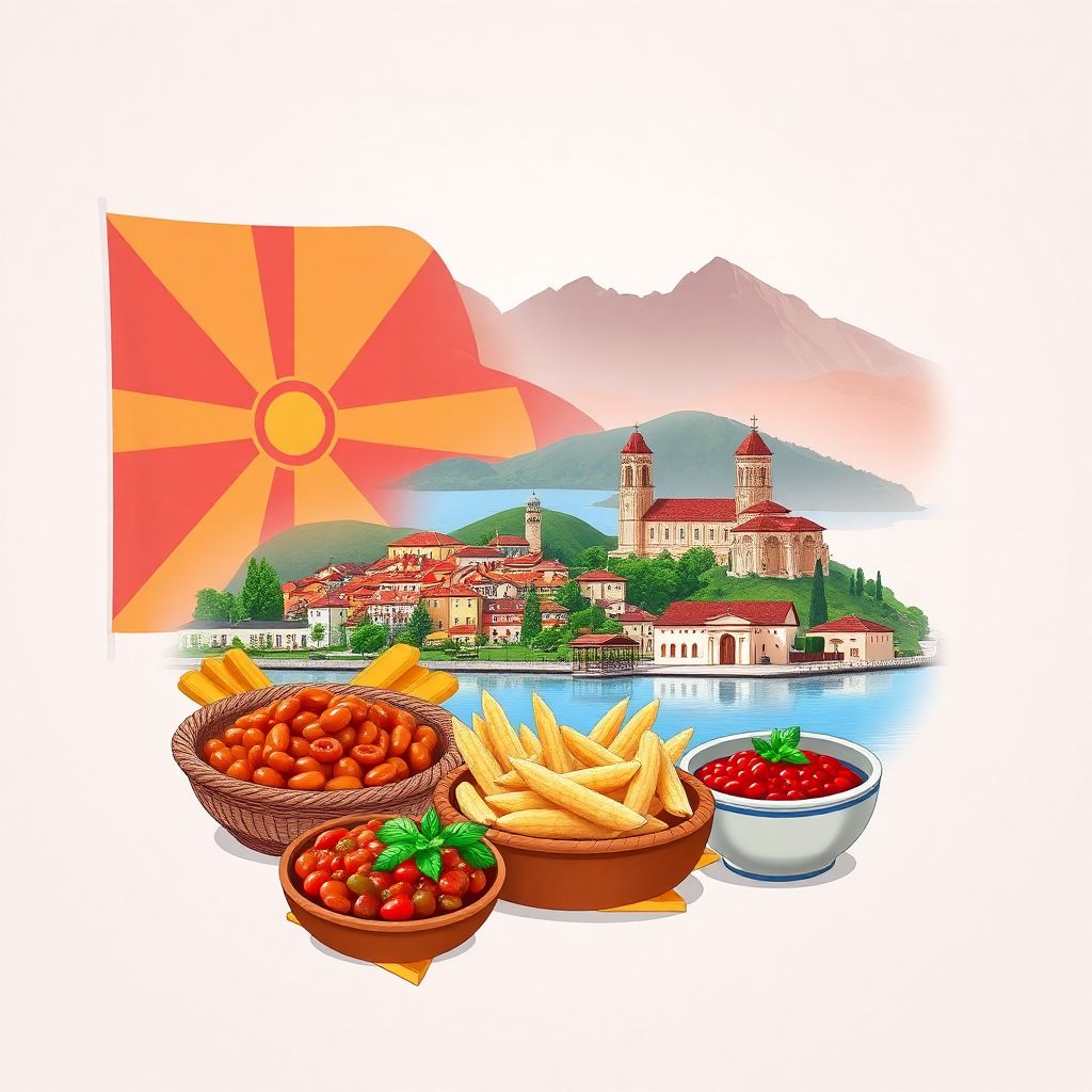 Ultra-high-definition gradient illustrations in North Macedonian style, featuring the ancient city of Ohrid and Ohrid Lake
