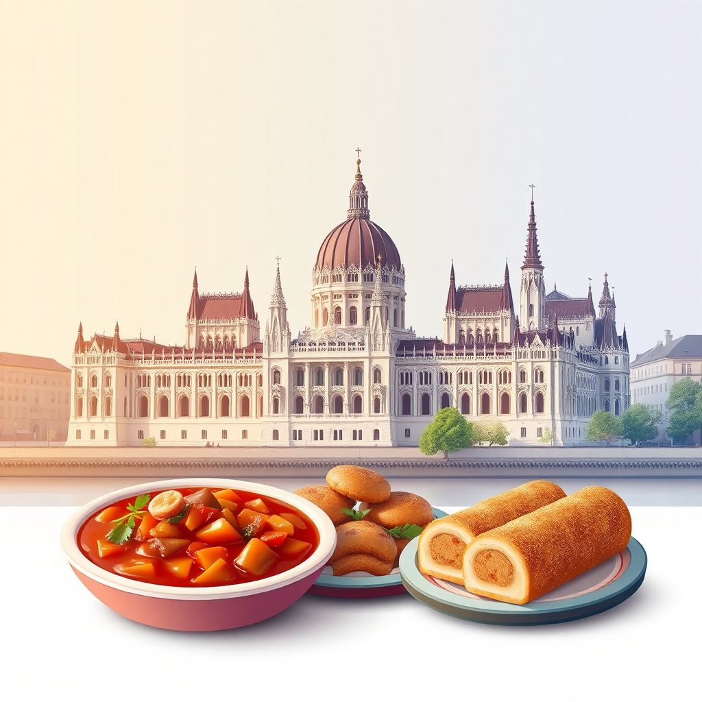 Ultra-high-definition gradient illustration style Hungarian illustration, featuring the Hungarian Parliament Building and Fisherman's Bastion