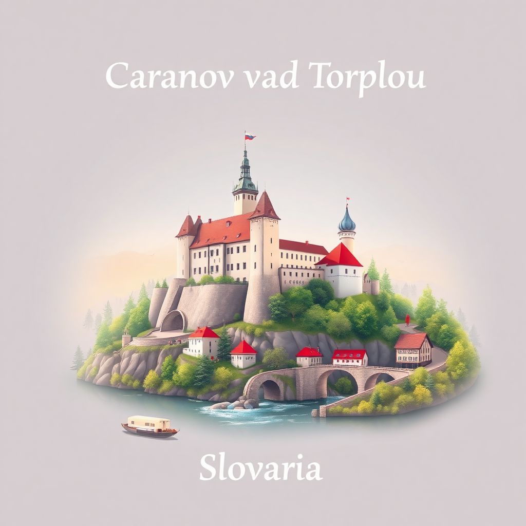 Ultra-high-definition gradient illustration of Okres Vranov nad Toplou, Presov Region, Slovakia, featuring Vranov Castle and the Topľa River.
