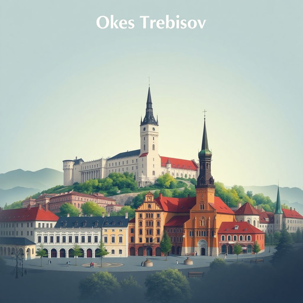Ultra-high-definition gradient illustration style Okres Trebisov illustration, showing the unique charm of Trebisov Castle and the historic town square.