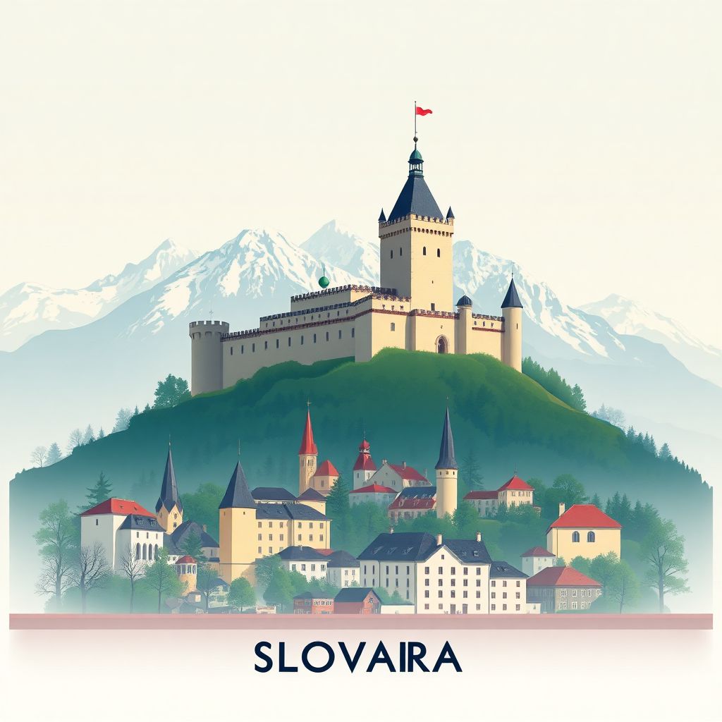 Ultra-high-definition gradient illustration of Okres Spisska Nova Ves, showing Spiš Castle, historic town center, and High Tatras mountains.