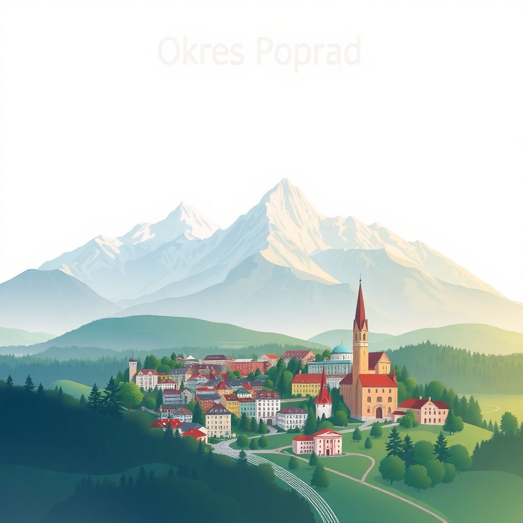 Ultra-high-definition gradient illustration style Okres Poprad illustration, showing the unique charm of the High Tatras mountains, the historic town of Poprad.