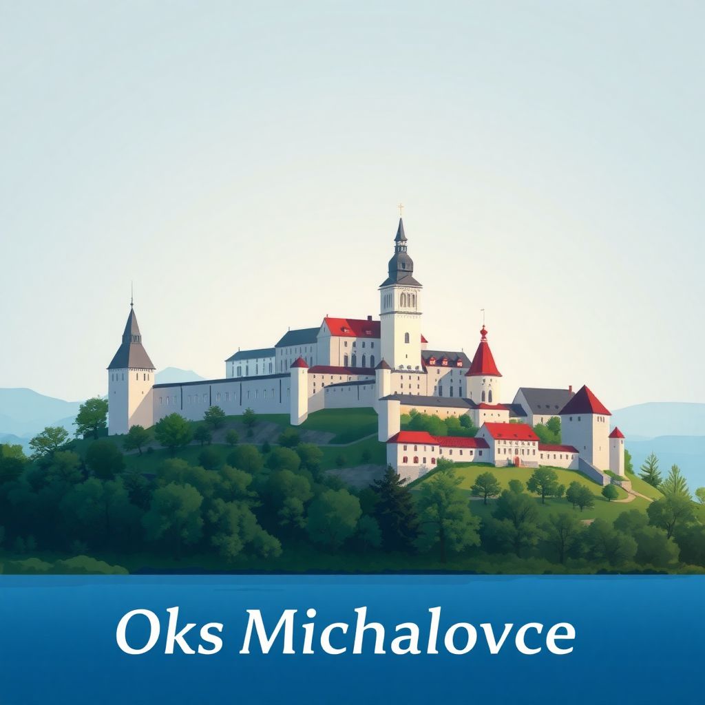 Ultra-high-definition gradient illustration style Okres Michalovce illustration, showing the unique charm of Michalovce Castle and Zemplínska Šírava lake.