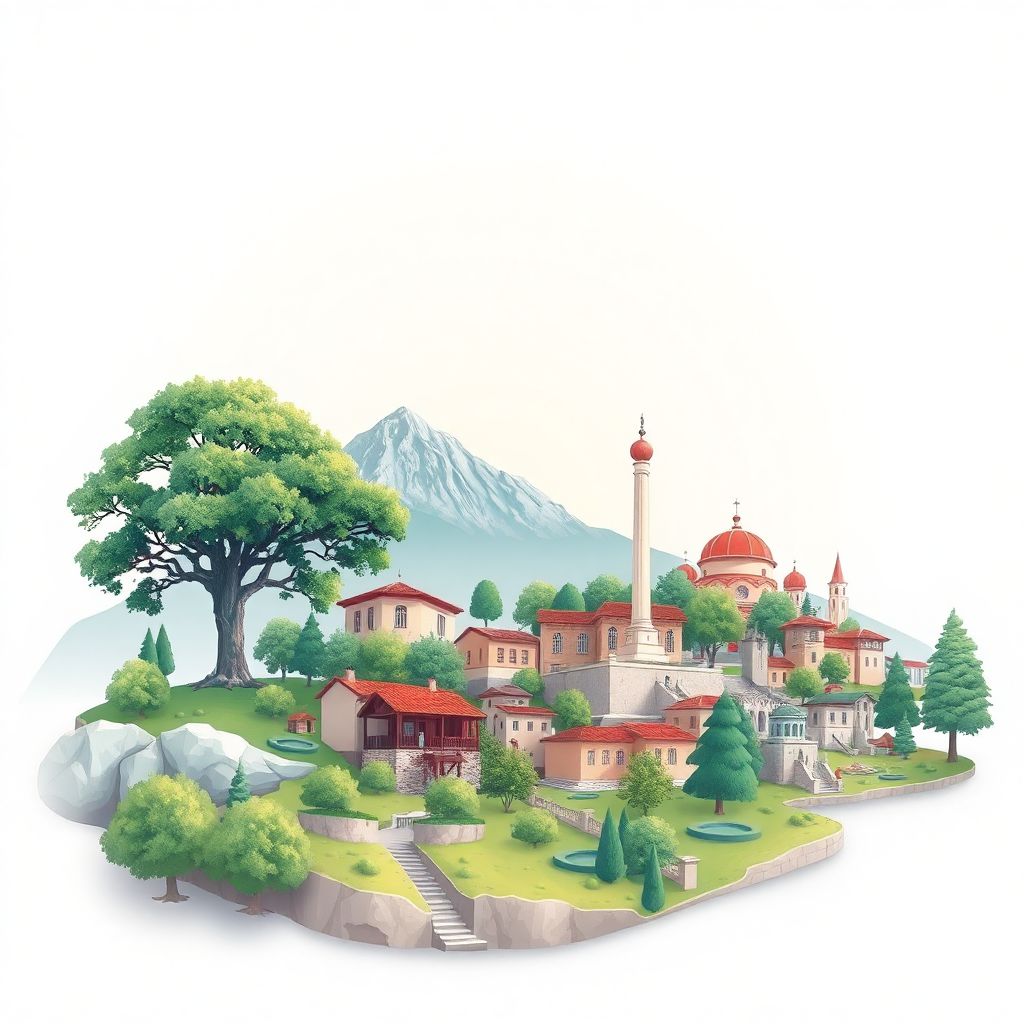Ultra-high-definition gradient illustration style Sliven illustration, showcasing the unique charm of the Karandila Peak, the Old Elm Tree, and the Hadzhi Dimitar Monument.