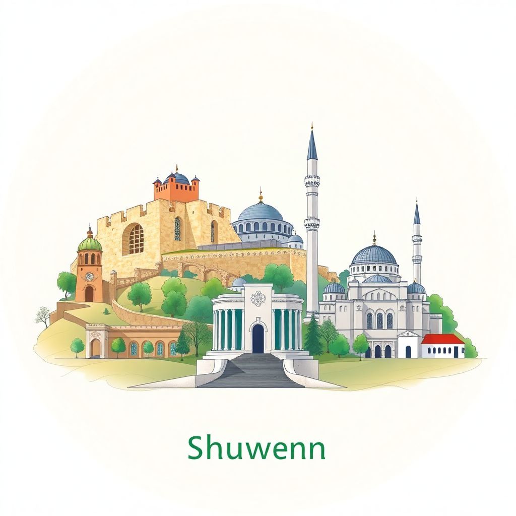 Ultra-high-definition gradient illustration style Shumen illustration, showing the unique charm of the Shumen Fortress, the Monument to 1300 Years of Bulgaria, and the Tombul Mosque.