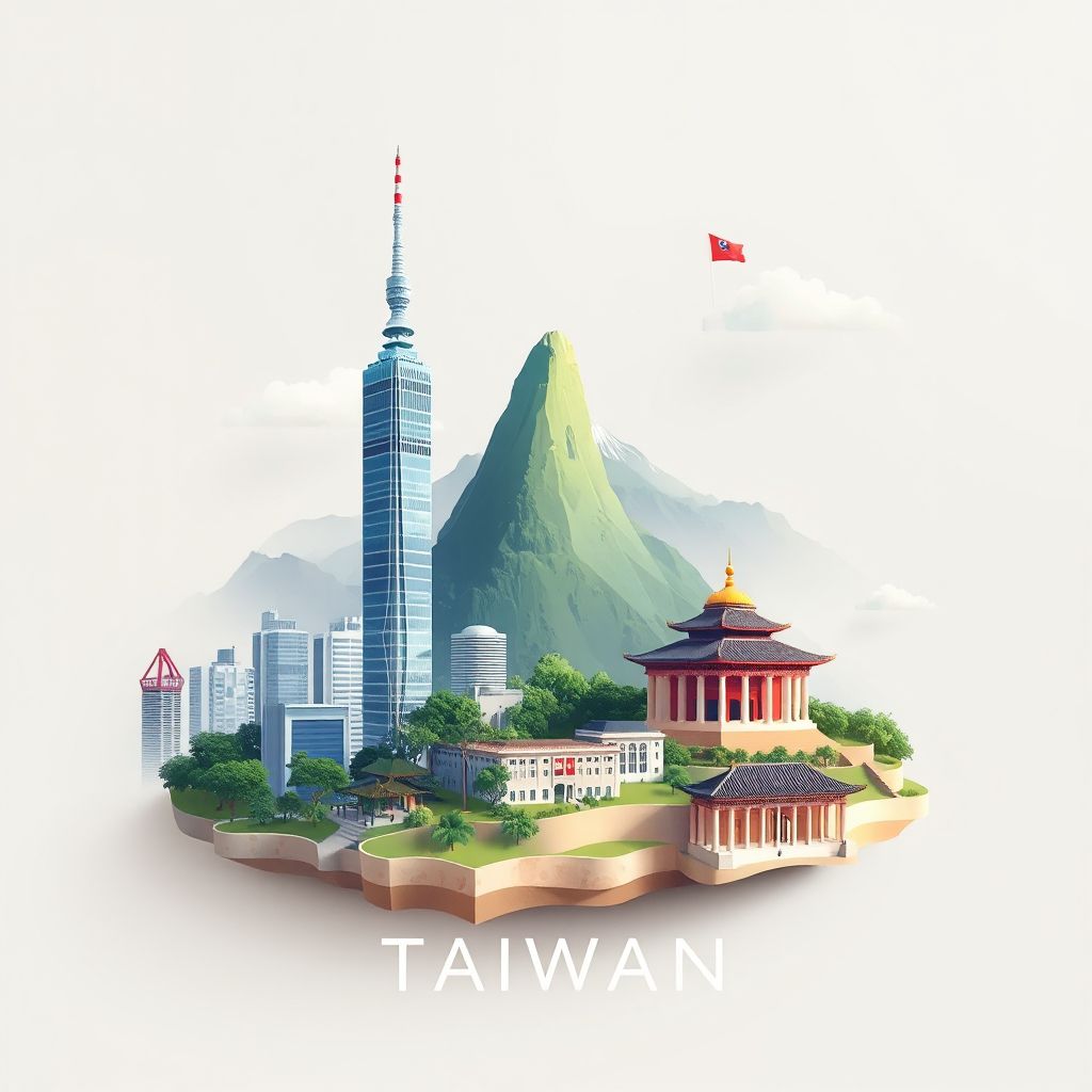 Ultra-high-definition gradient illustration style Taiwan illustration, showing the unique charm of Taipei 101, Alishan National Scenic Area, and the Chiang Kai-shek Memorial Hall.