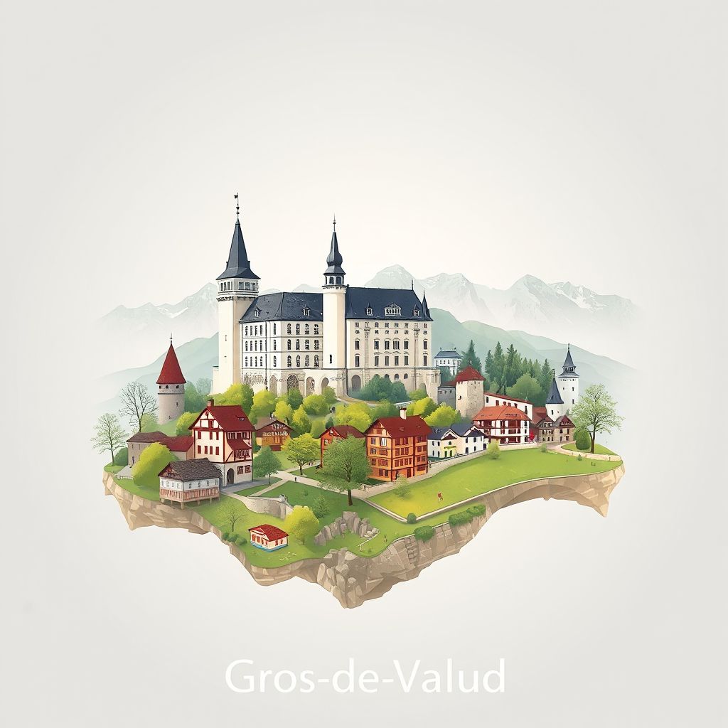 Ultra-high-definition gradient illustration style Gros-de-Vaud District illustration, showing the unique charm of the Château de Vaulion, and the beautiful landscapes of the Jura Mountains.