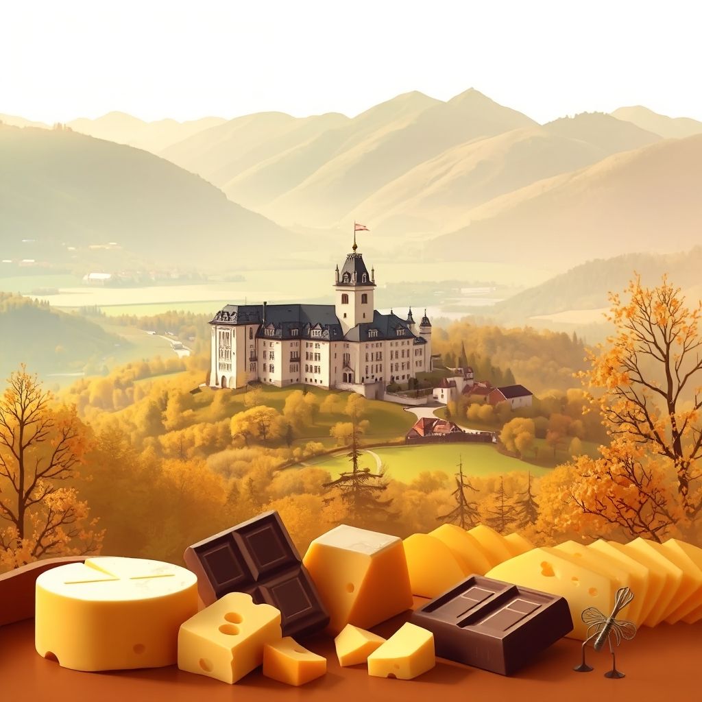 Ultra-high-definition gradient illustration of Echallens, featuring Echallens Castle, countryside, Swiss cheese, and chocolate.