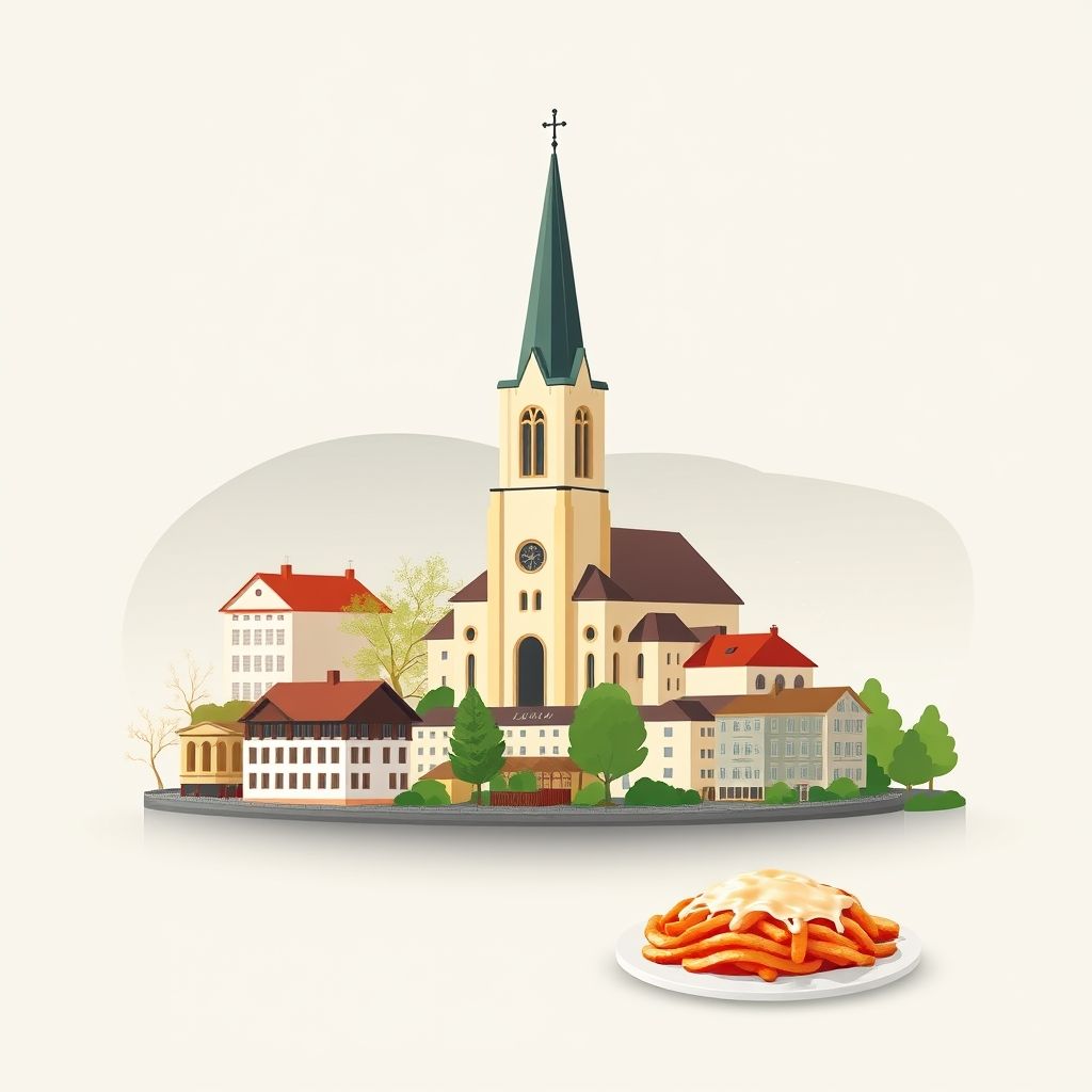 Gradient illustration of Erlenbach (ZH) with Reformed Church Erlenbach, Lake Zurich, and Zurich Geschnetzeltes.