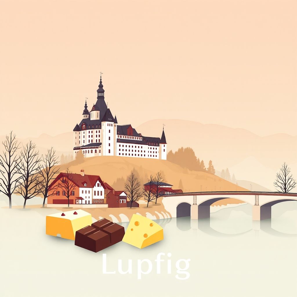Gradient illustration of Lupfig, Switzerland, featuring Hallwyl Castle, the Reuss River, and Swiss cheese and chocolate.