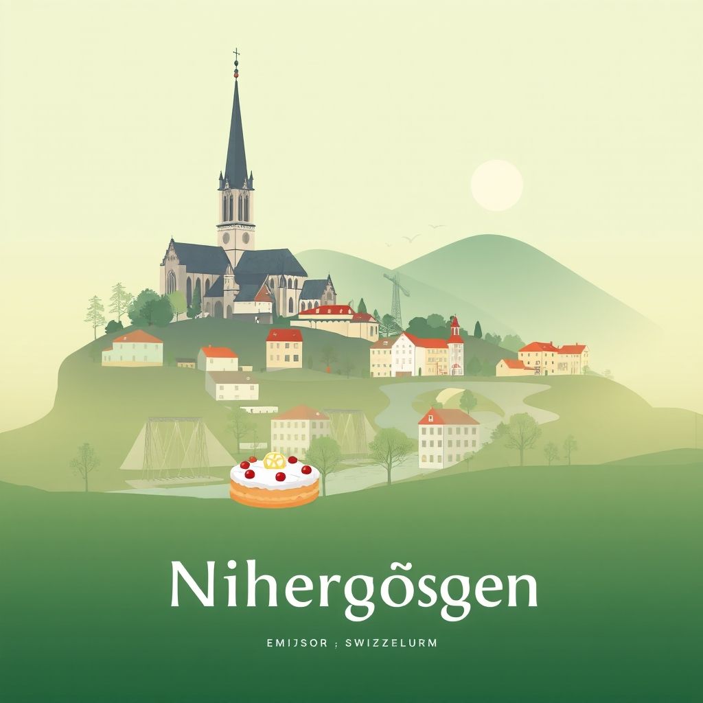 Gradient illustration of Niedergösgen, Switzerland, featuring St. Ursen Cathedral, Aare River, and Solothurner Torte.
