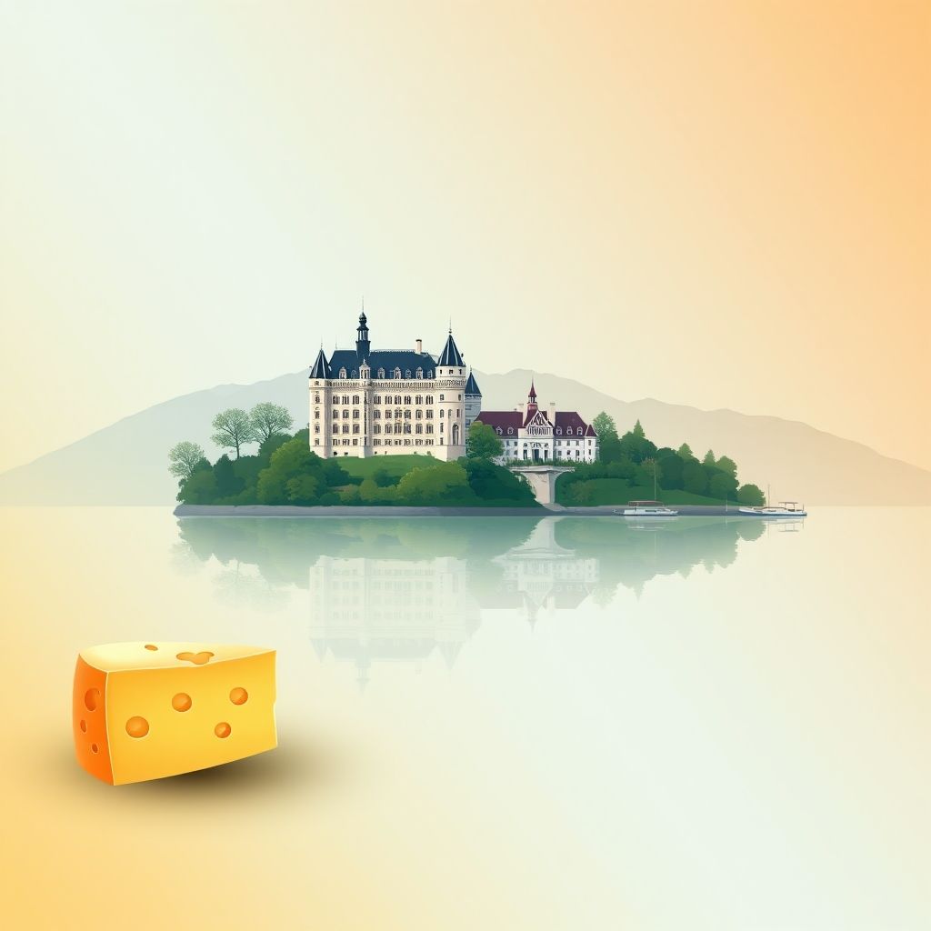 Ultra-high-definition gradient illustration of Vaux-sur-Morges, featuring Château de Morges, Lake Geneva, and Swiss cheese.