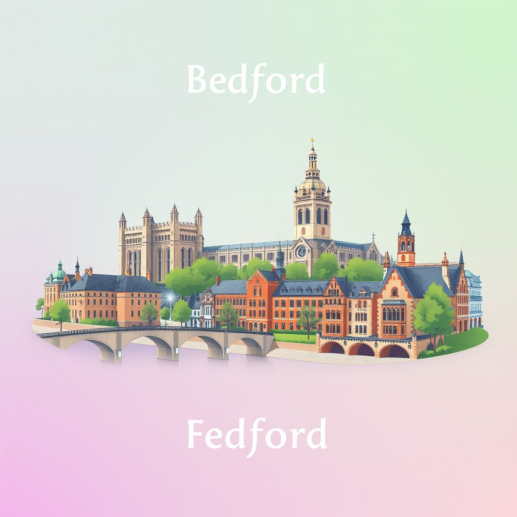 Ultra-high-definition gradient illustration style Bedford illustration, showing the unique charm of the Bedford Castle, the River Great Ouse, and the St. Paul's Square.