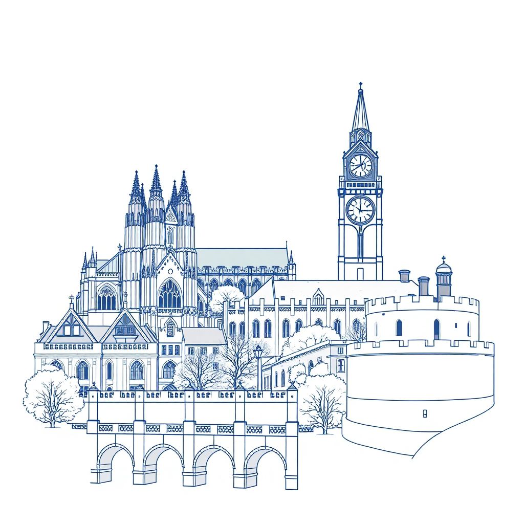 Ultra-high-definition gradient illustration style Cheshire West and Chester illustration, showing the unique charm of Chester Cathedral, the Eastgate Clock, and the Roman Walls.