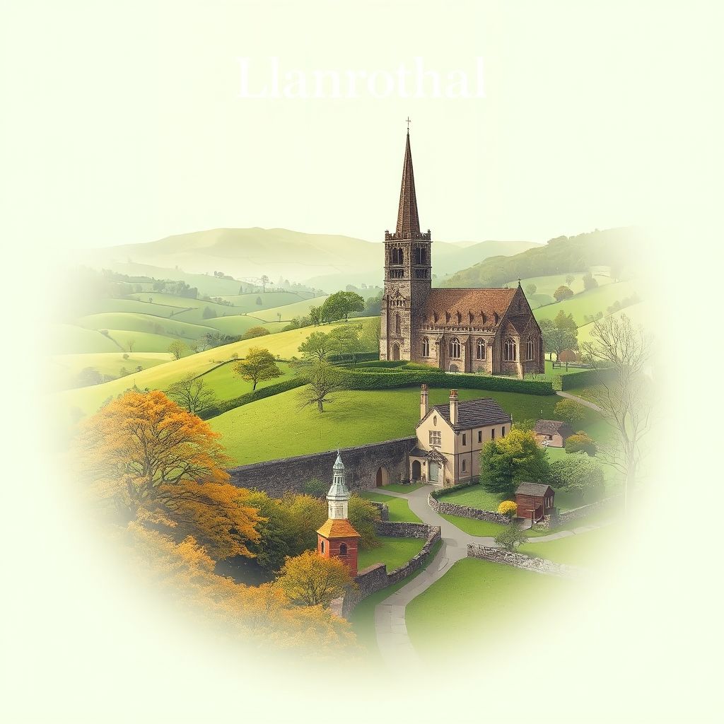 Ultra-high-definition gradient illustration of Llanrothal, featuring rolling hills, St. Mary Magdalene Church, and Herefordshire cider.