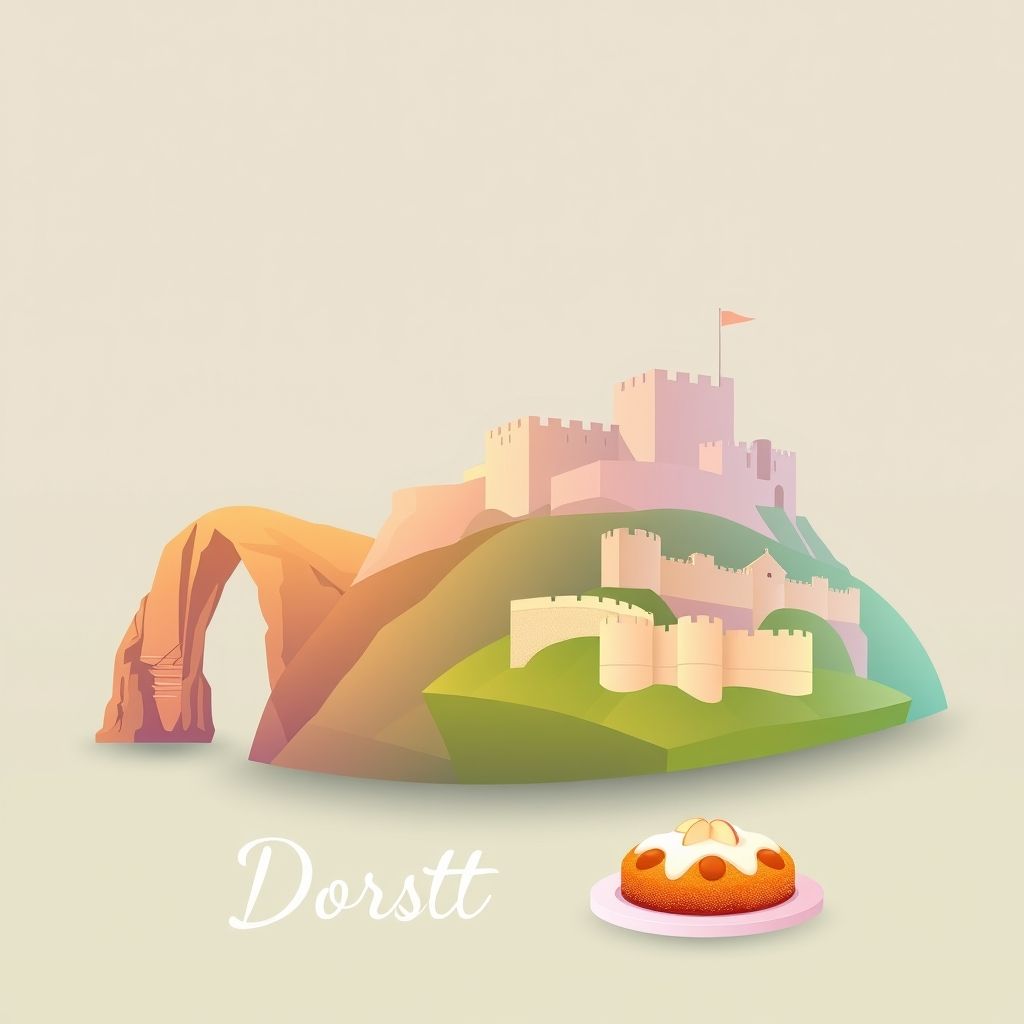 Ultra-high-definition gradient illustration of Dorset, England, featuring Durdle Door, Corfe Castle, and Dorset apple cake.