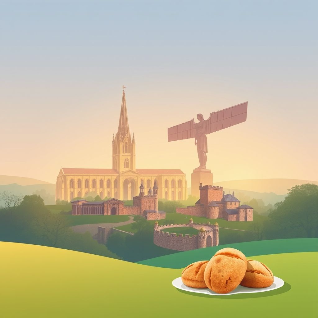 Ultra-high-definition gradient illustration of Wingate, showcasing Durham Cathedral, the Angel of the North, Durham Castle, and traditional English tea and scones.