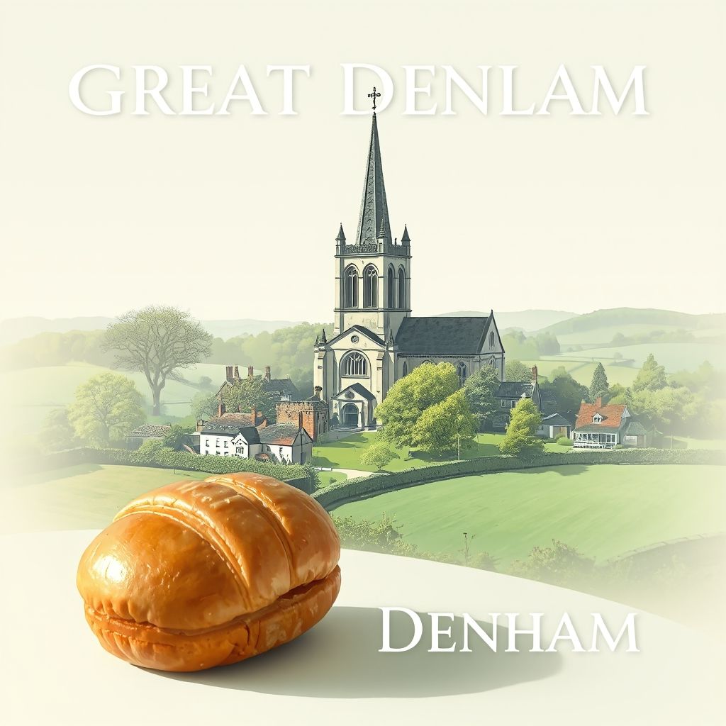 Ultra-high-definition gradient illustration of Great Denham featuring St. Paul's Church, countryside, and Bedfordshire clanger.