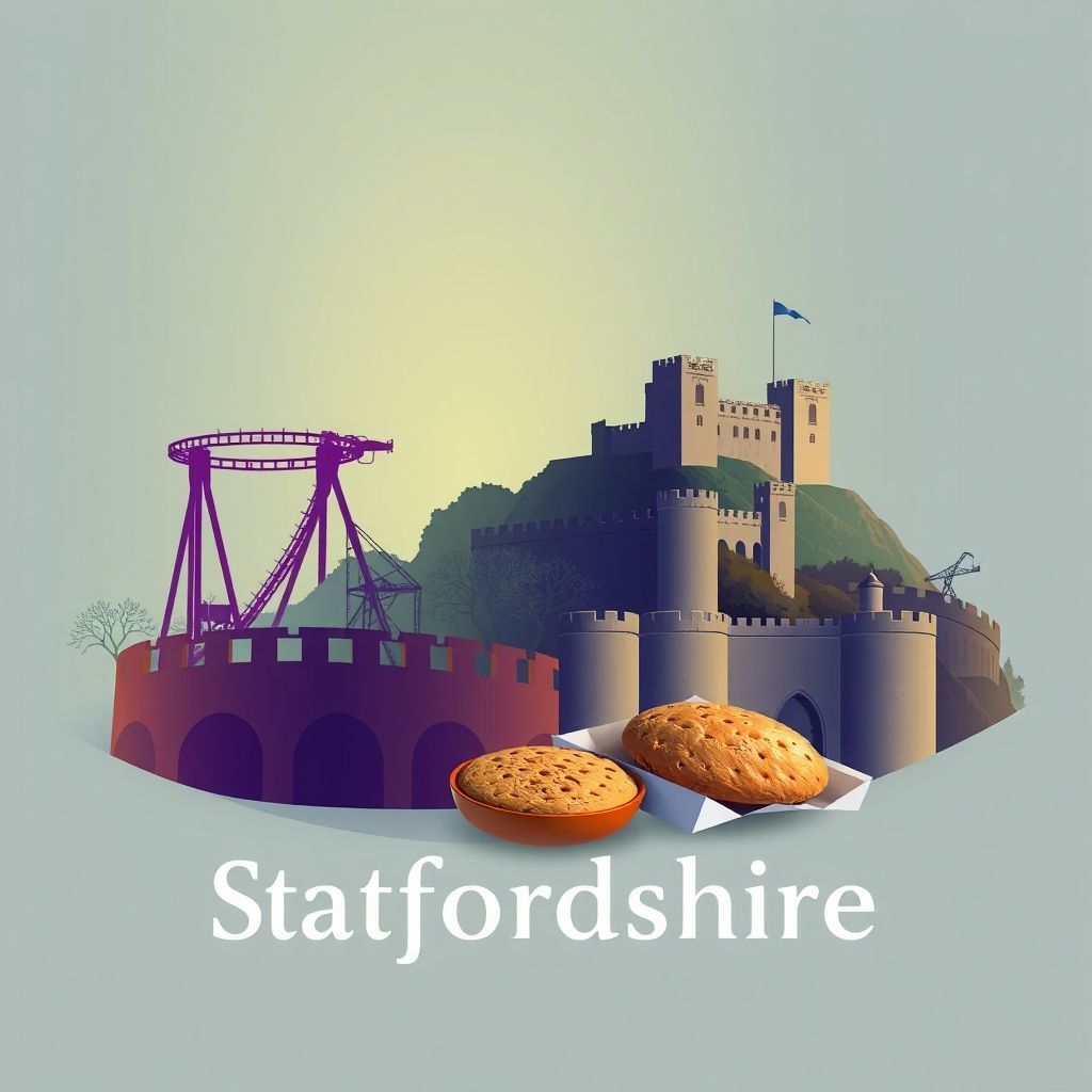 Ultra-high-definition gradient illustration of Staffordshire featuring Alton Towers, Stafford Castle, and Staffordshire oatcakes.